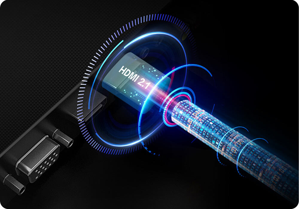 Telewizor HAIER H55S80FUX 55 QLED 4K 120Hz VRR Google TV HDMI 2.1 zbliżenie na port hdmi wizualizacja transferu danych