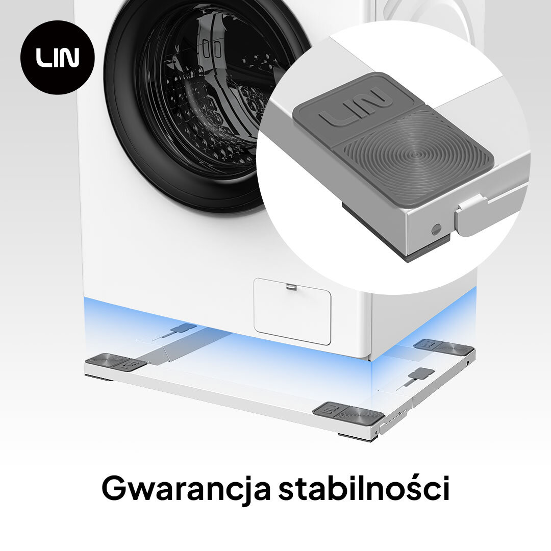 PODSTAWA POD PRALKĘ I SUSZARKĘ LIN LI10W Jest to grafika prezentująca metalową ramę/podstawę (prawdopodobnie pod pralkę lub inne urządzenie). Widoczne są: blokada kół oraz koła ułatwiające przesuwanie. Na grafice są także napisy: „Blokada kół”, „Koła ułatwiające przesuwanie” i „Przesuń z łatwością i zablokuj” stabilne ustawienie pralki system antywibracyjny gumowe podkładki redukcja drgań zmniejszenie hałasu komfort użytkowania bezpieczna praca pralki praktyczne rozwiązanie