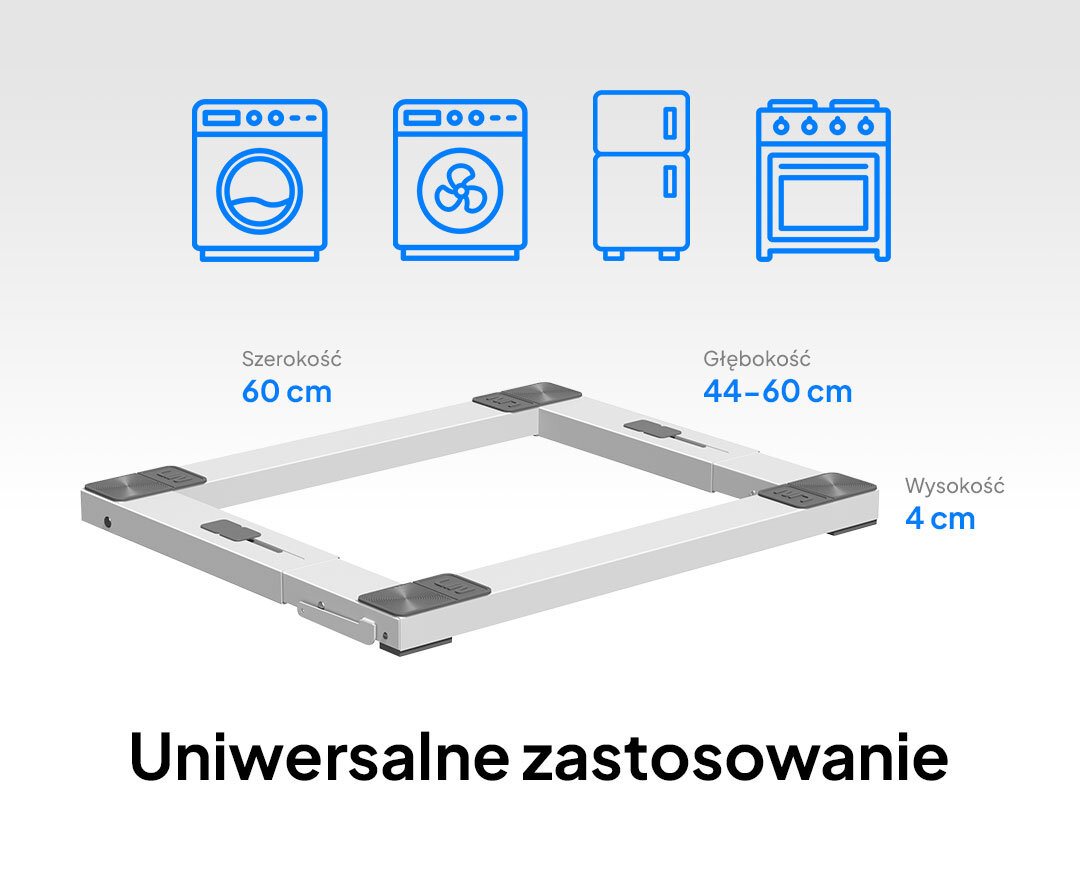 PODSTAWA POD PRALKĘ I SUSZARKĘ LIN LI10W Grafika przedstawia zbliżenie na narożnik pralki stojącej na tej metalowej ramie/podstawie. Pokazano szczegóły antypoślizgowej nakładki i napis „Gwarancja stabilności” regulowana konstrukcja podstawa pod pralkę suszarkę dopasowanie do wymiarów sprzętu AGD wszechstronne rozwiązanie wygoda stabilizacja łatwiejsze utrzymanie czystości komfort użytkowania