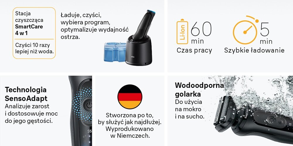 Golarka BRAUN Seria 5 52-N7200CC Na mokro i sucho, stacja czyszcząca, ładowanie, czyszczenie, wydajniejsze ostrza