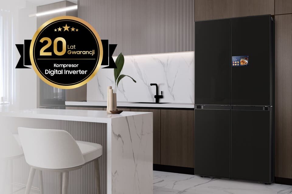 Lodówka Samsung RM90F67CECEF z nowoczesnym kompresorem AI Inverter, zapewniająca efektywne chłodzenie i oszczędność energii.