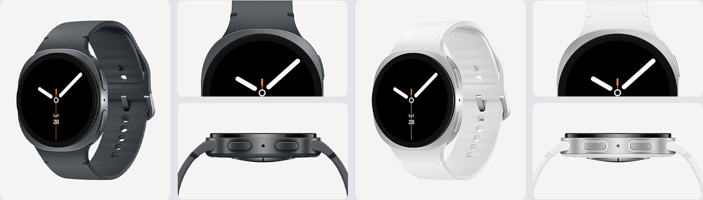 Galaxy Watch8 – widok z przodu, pod kątem oraz z boku z widocznymi przyciskami Strona główna i Wstecz.