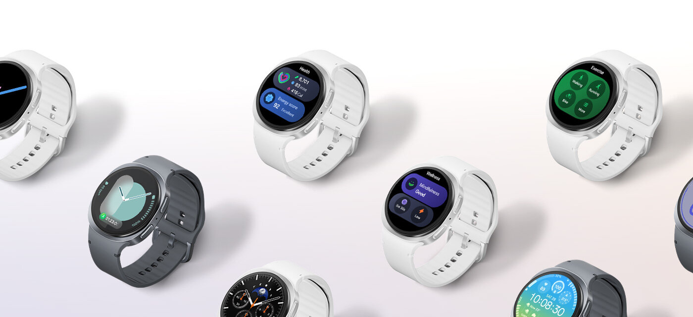 Na ekranie Galaxy Watch8 wyświetlają się ekran One UI 8. Widoczne są cztery paski Now Bar, kolejno: Codzienna aktywność, Wynik energii, Mindfulness i Ćwiczenia oddechowe.