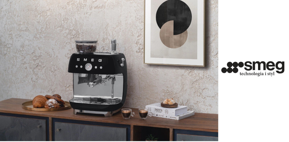 EKSPRES SMEG EGF03BLEU wbudowany młynek regulacja 3 stopniowa espresso kawa mielona dzbanek akcesoria