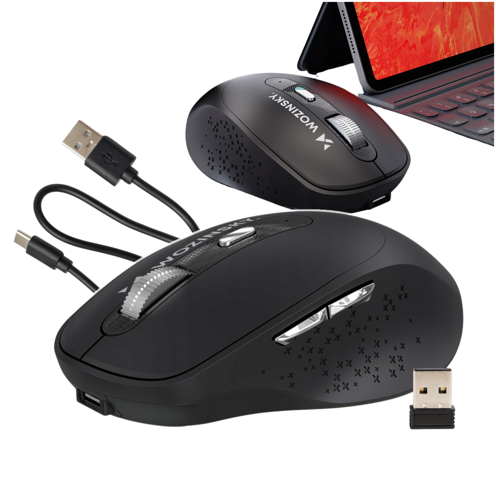 Na obrazie widoczna jest czarna mysz bezprzewodowa z ergonomicznym kształtem, z logo \'WOZINSKY\' na górze. Obok myszy znajduje się kabel USB oraz mały odbiornik USB.