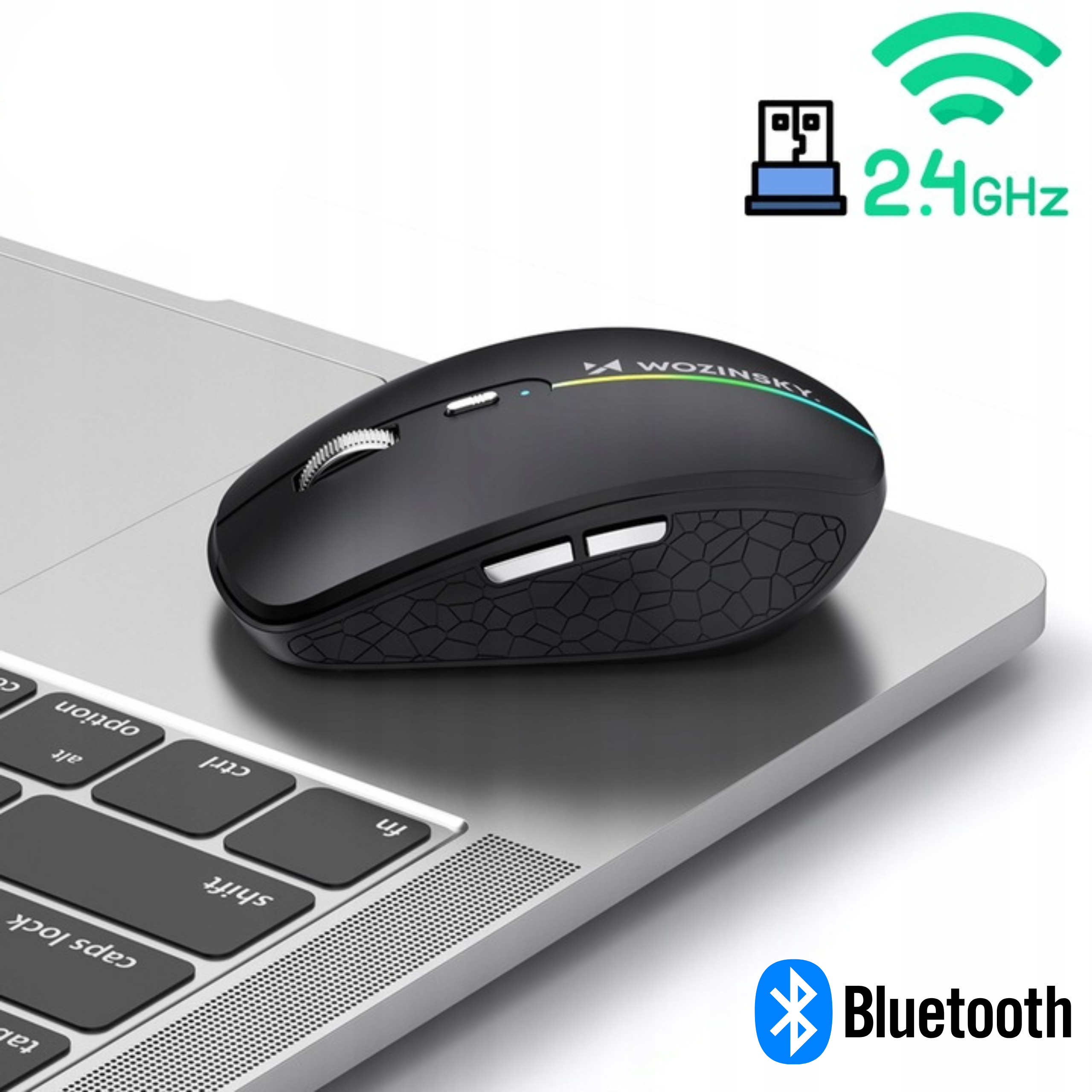 Czarna mysz bezprzewodowa Wozinsky z podświetleniem RGB leży na laptopie. Obok widoczne są ikony łączności 2.4GHz i Bluetooth oraz logo Wozinsky.