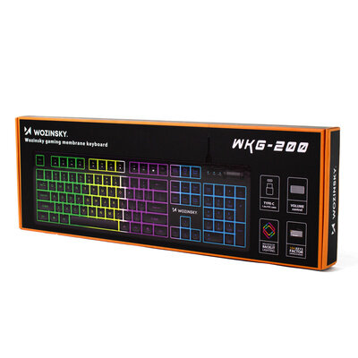 Opakowanie klawiatury Wozinsky WKG-200 z podświetleniem w kolorach tęczy, z widocznym logo Wozinsky i napisem \'Wozinsky gaming membrane keyboard\'.
