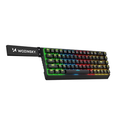 Czarna klawiatura mechaniczna z podświetleniem RGB, z widocznym logo \'Wozinsky\'.