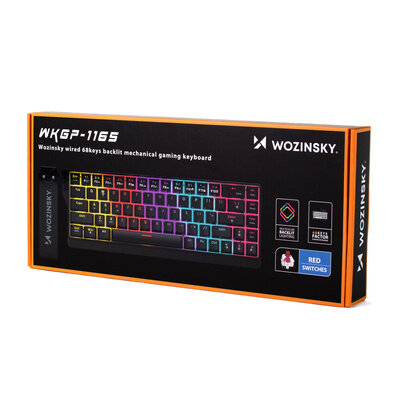 Opakowanie klawiatury mechanicznej Wozinsky WKG-1165 z podświetleniem RGB, z widocznym logo Wozinsky i napisem \'RED SWITCHES\'.