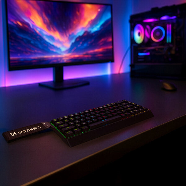 Na biurku znajduje się czarna klawiatura mechaniczna z podświetleniem RGB, obok której widoczny jest napis \'WOZINSKY\'. W tle widać monitor z kolorową grafiką oraz komputer z podświetleniem RGB.