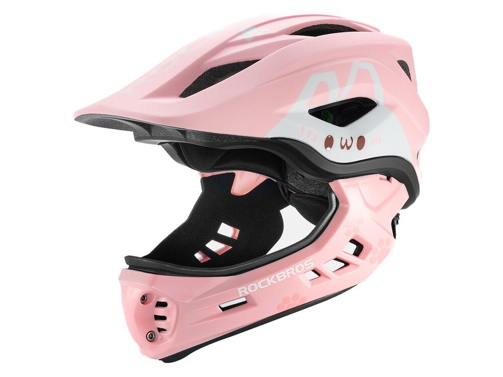 Kask rowerowy ROCKBROS TT-32002 Rabbit Różowy Full Face dla Dzieci z odkręcaną szczęką (rozmiar M), design, rekina, styl, dzieci, Różowy kask rowerowy typu full face na białym tle.