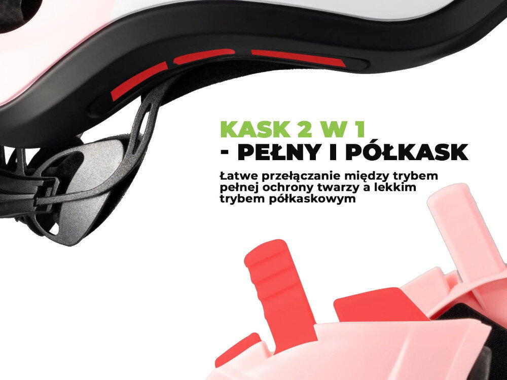 Kask rowerowy ROCKBROS TT-32002 Rabbit Różowy Full Face dla Dzieci z odkręcaną szczęką (rozmiar M),  szczęka, demontaż, funkcjonalność, wygoda, Grafika pokazująca sposób odpinania szczęki kasku.