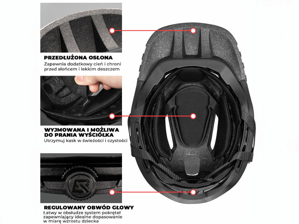 Kask rowerowy ROCKBROS TT-32002 Rabbit Różowy Full Face dla Dzieci z odkręcaną szczęką (rozmiar M), wentylacja, wyściółka, komfort, lekkość, Przekrój wnętrza kasku z opisem jego elementów.