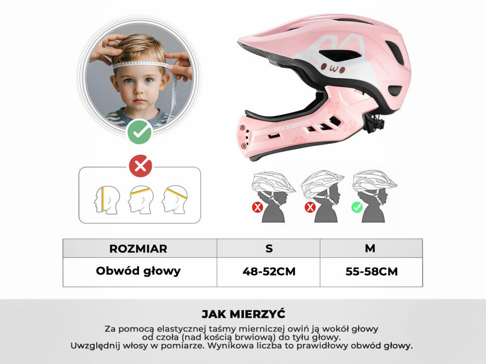 Kask rowerowy ROCKBROS TT-32002 Rabbit Różowy Full Face dla Dzieci z odkręcaną szczęką (rozmiar M), regulacja, dopasowanie, klamra, stabilność, Instrukcja mierzenia głowy oraz tabela rozmiarów.