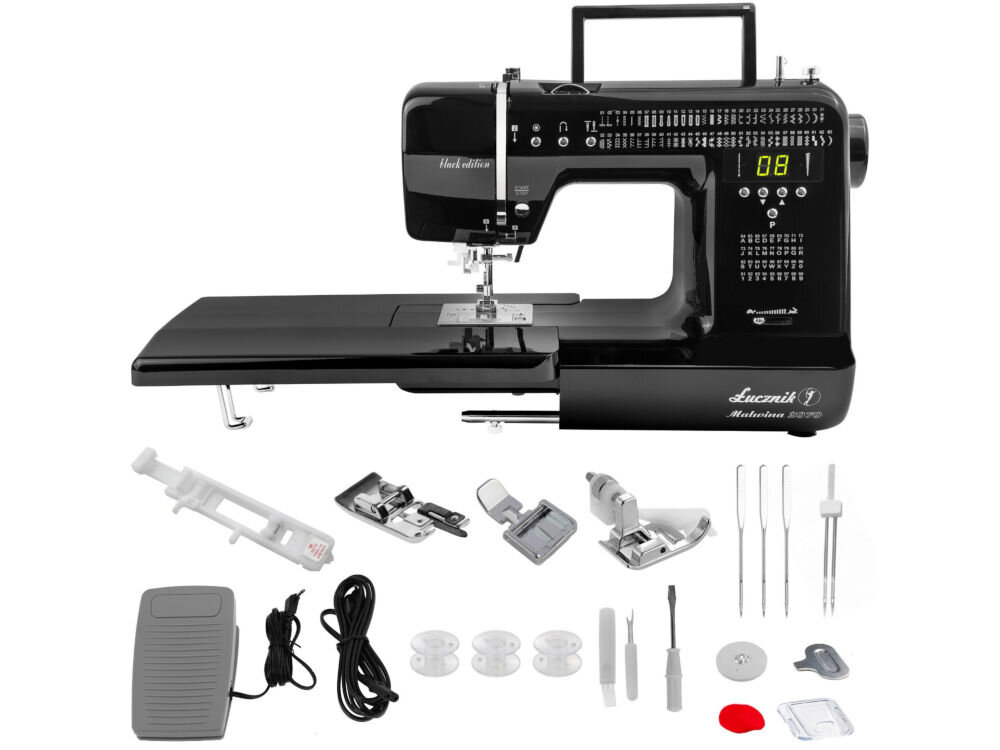 Maszyna do szycia ŁUCZNIK Malwina 2070 Czarny zestaw igieł 3 szt 3 szpulki prujka miotełka oliwiarka śrubokręt płytka wyłączająca transporter trzpień szpulki ogranicznik na trzpień pokrowiec dokumentacja 