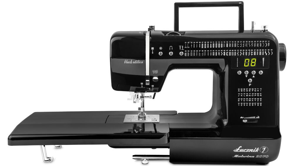 Maszyna do szycia ŁUCZNIK Malwina 2070 Czarny stolik poszerzający pole pracy wygodne szycie większych projektów stabilne podparcie materiału funkcjonalność hobbyści profesjonaliści przestronność robocza 