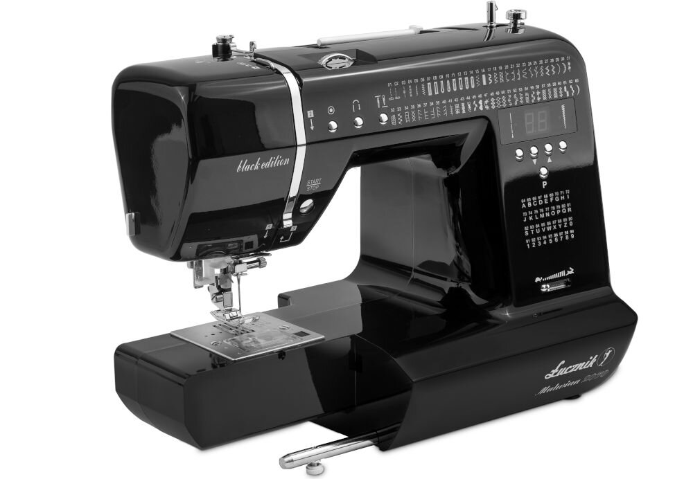 Maszyna do szycia ŁUCZNIK Malwina 2070 Czarny szycie podwójną igłą profesjonalnie wygladające przeszycia dekoracyjne wzmocnione szwy wysokie podnoszenie stopki ułatwienie szycia grubych tkanin wiele warstw materiałów wszechstronna w pracy zróżnicowane projekty 