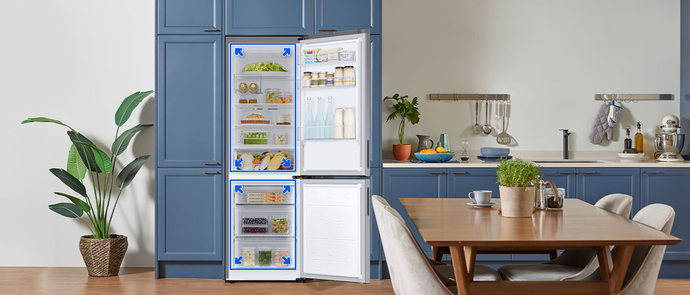 Na zdjęcie otwartej lodówki Samsung RB33B612ESA naniesiono symbol wskazujący na jej zwiększoną pojemność