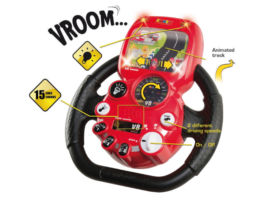 Zabawka symulator jazdy SMOBY V8 7600370206 dwa pedały zapłon obrotomierz możliwość zmiany prędkości jazdy świecące kierunkowskazy klakson przycisk turbo przyciski imitujące 
					dźwięk silnika i kolizji na torze wymiary 85 x 36 x 57 cm zasilanie 3x AA