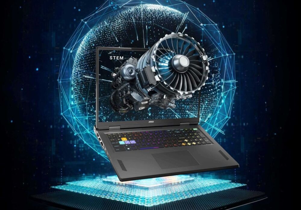 Laptop MSI Vector unoszący się w powietrzu na tle niebieskiej, cyfrowej kuli; z ekranu wyłania się trójwymiarowy model silnika odrzutowego, klawiatura ma kolorowe podświetlenie, co symbolizuje wysoką wydajność w zastosowaniach inżynieryjnych i STEM. 