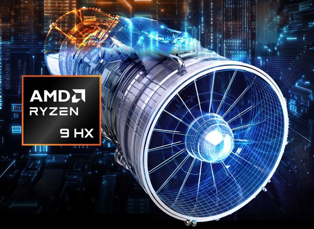Wizualizacja procesora AMD Ryzen 9 HX na tle futurystycznego silnika odrzutowego, otoczonego przez niebieskie, cyfrowe obwody i pomarańczowe rozbłyski energii, co symbolizuje ekstremalną wydajność i moc obliczeniową laptopa MSI Vector. - AMD Ryzen 9 HX, Architektura Zen 5  