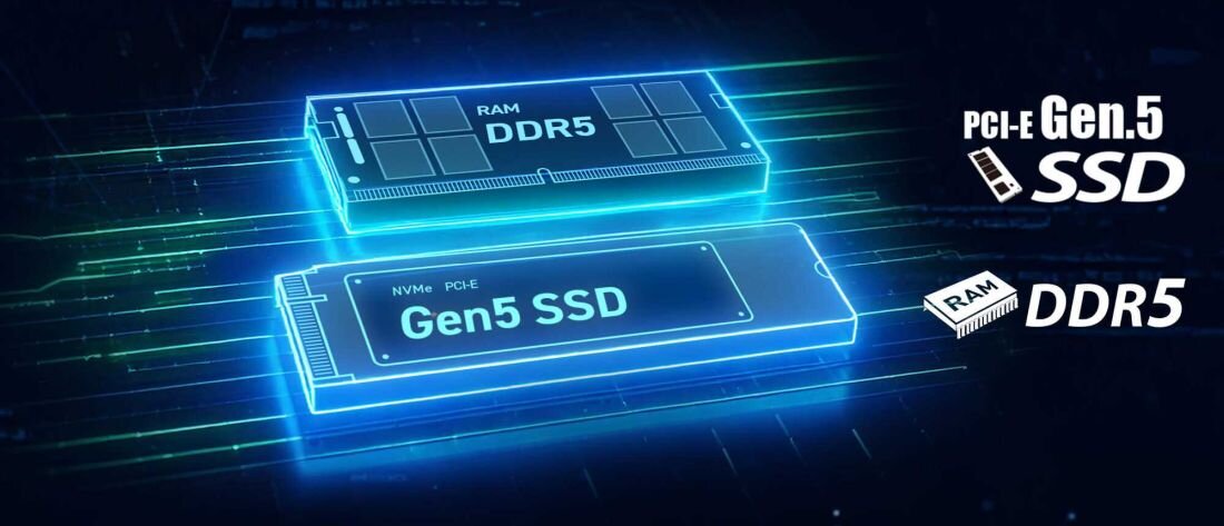 Graficzna prezentacja najnowszych standardów pamięci i dysków – podświetlone na niebiesko moduły pamięci RAM DDR5 oraz dysku NVMe Gen5 SSD, co podkreśla ultraszybki transfer danych i wysoką przepustowość w laptopie MSI Vector. - Dysk SSD PCIe NVMe 4.0, Pamięć DDR5 