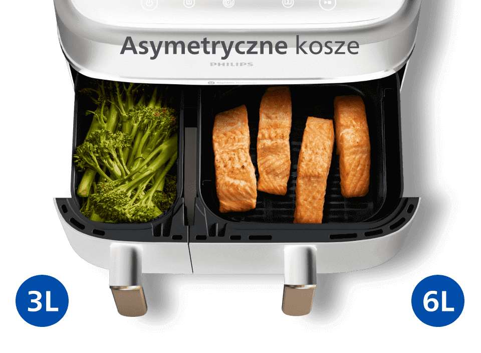 Obraz przedstawia frytkownicę beztłuszczową z dwoma koszami, w jednym z nich znajdują się zielone warzywa, a w drugim kawałki łososia. Na urządzeniu widoczny jest napis \'Asymetryczne kosze PHILIPS\'.