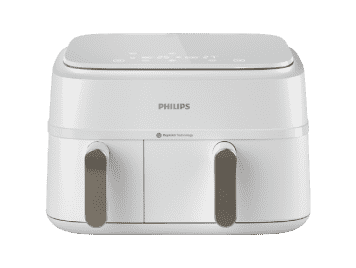 Biała frytkownica beztłuszczowa z dwoma uchwytami i panelem dotykowym na górze. Widoczne logo PHILIPS na przedniej części urządzenia.