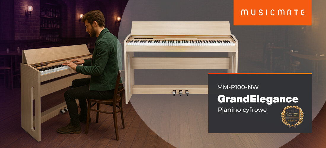 MUSICMATE P100-NW GrandElegance pianino cyfrowe centrum brzmienia 88 klawiszy Bluetooth 2x20W, osoba grająca na pianinie w pomieszczeniu