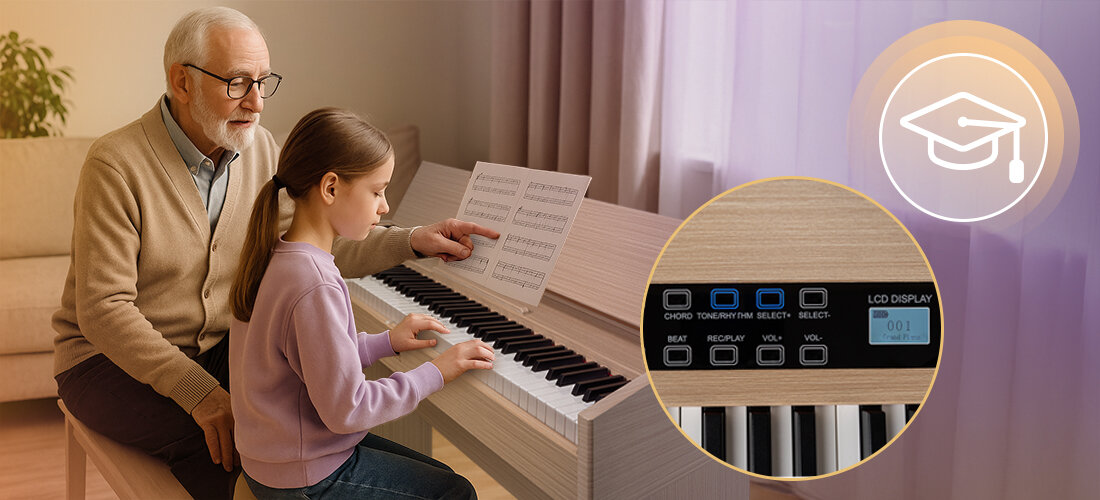 MUSICMATE P100-NW GrandElegance pianino cyfrowe 88 ważonych klawiszy 128 dźwięków 128 rytmów 88 utworów demo, nauczyciel uczący gry na pianinie dziecko