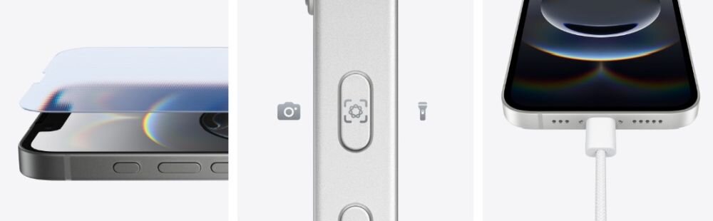 Smartfon Apple iPhone - widok przycisku blokady, ekranu ze szklem, i portem usb