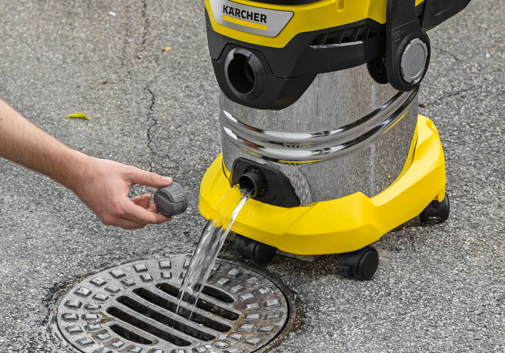 Odkurzacz KARCHER WD 5 Control S 25/5/22 1.628-384.0 Pojemność i opróżnianie Zbiornik ze stali nierdzewnej o pojemności 25 l Korek spustowy 