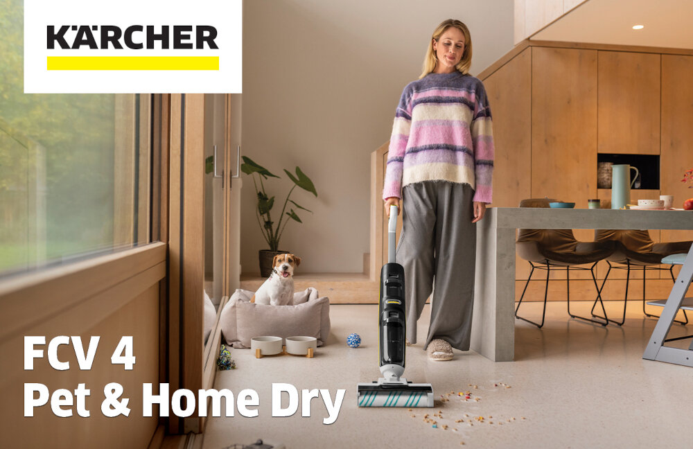 Mop elektryczny KARCHER FCV 4 Pet & Home Dry 1.056-137.0 wygląd prezentacja wizualizacja design Czystość w jednym ruchu