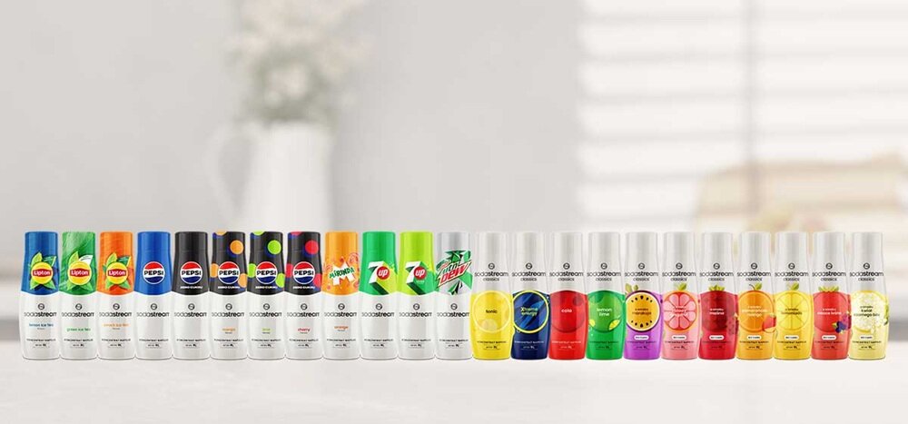 Na obrazie widoczna jest linia butelek z różnymi etykietami, w tym logo SODASTREAM. Każda butelka ma inny kolor i grafikę sugerującą różne smaki napojów.