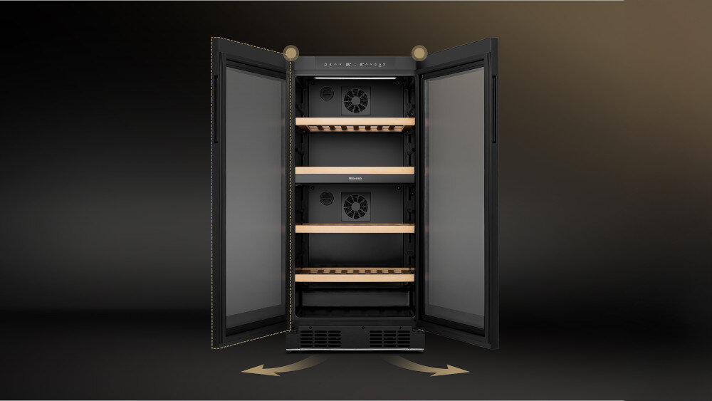 CHŁODZIARKA DO WINA HISENSE RW3N230GELF drzwi lewo prawo Odwracalne zmiana kierunku otwierania elastyczna funkcja integracja w zabudowie