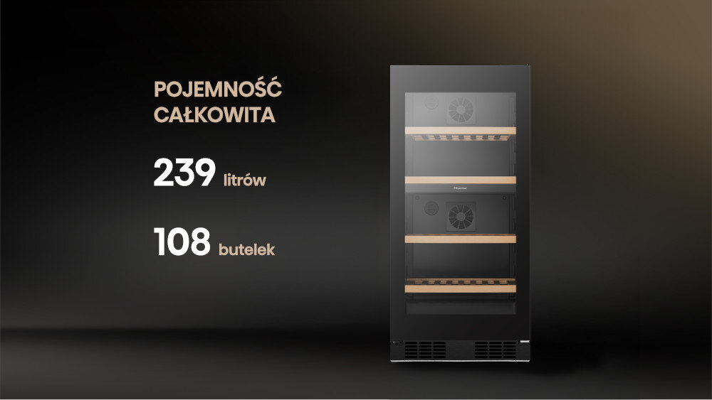 CHŁODZIARKA DO WINA HISENSE RW3N230GELF Pojemna chłodziarka do wina klasa styl Elegancka stylowa dwie niezależne strefy 108 butelek wina wymiary duża pojemność 239 l przeszklony front