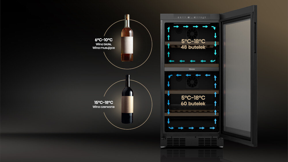 CHŁODZIARKA DO WINA HISENSE RW3N230GELF Dwie niezależne strefy temperatur wina białe wina czerwone warunki smak jakość kolor długie przechowywanie
