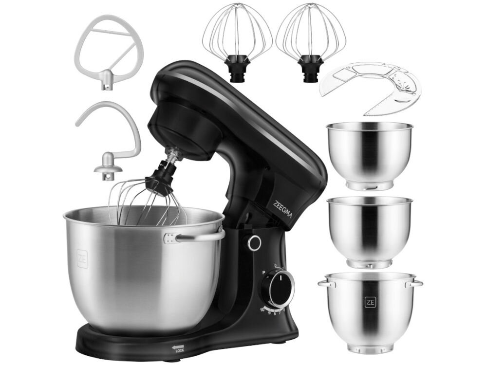 Robot kuchenny planetarny ZEEGMA Planeet Trio Czarny 1500W 3 x misa 2 x trzepaczka mieszadło hak antyrozbryzgowa pokrywa 10 w 1 dokumentacja białe tło