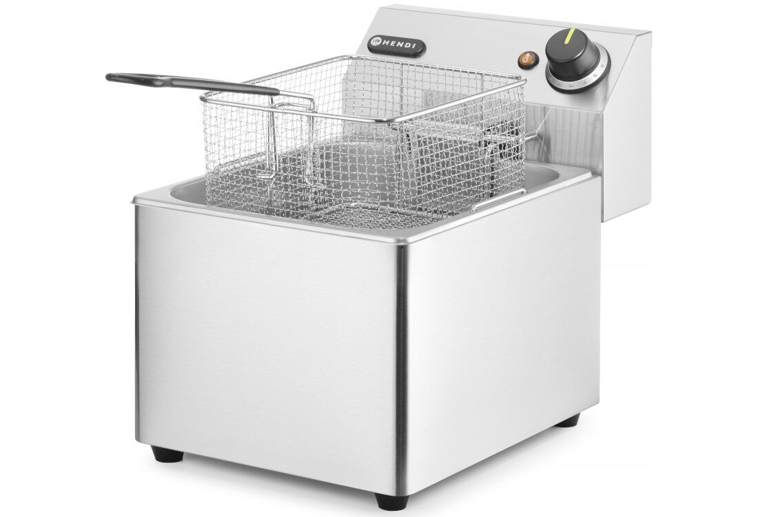 Frytkownica HENDI 205822 Kitchen Line Łatwe czyszczenie wykonanie wysoka jakość stal nierdzewna Wyjmowany pojemnik na olej długi uchwyt izolowany termicznie ochrona komfort praca