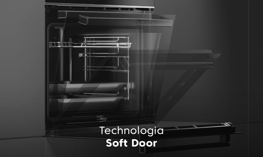 PIEKARNIK BEKO BBIM7300BD wizualizacja uchylone drzwiczki wnętrze Technologia Soft Door ciche delikatne zamykanie otwieranie bezgłośne lekkie