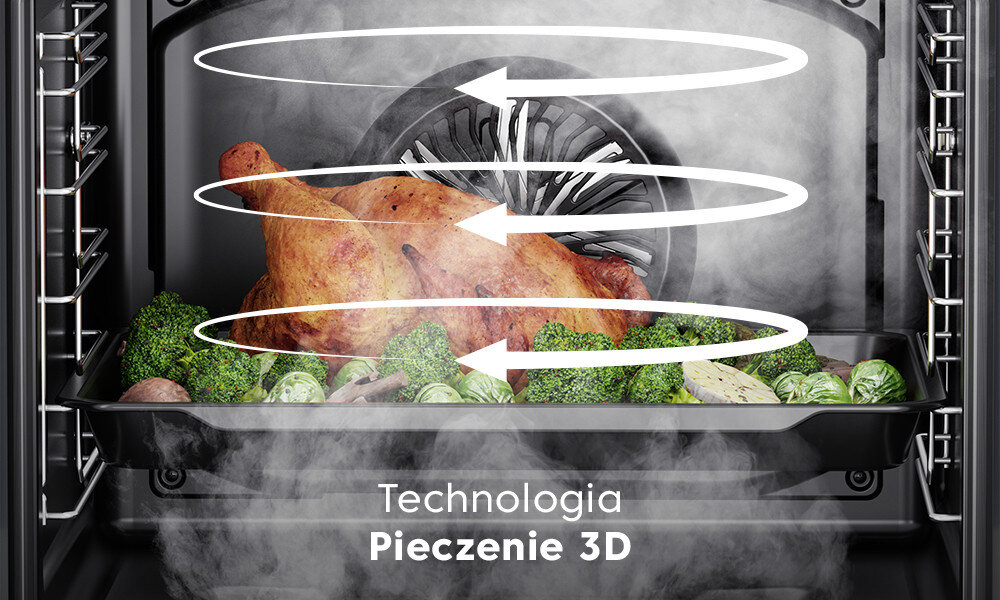 PIEKARNIK BEKO BBIM7300BD wizualizacja blacha strzałki kierunki mięso kurczak warzywa Pieczenie 3D równomierne ogrzewanie dania aktywacja wszystkich grzałek wentylatora