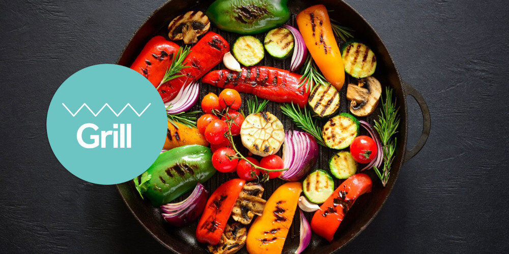 PIEKARNIK CANDY FIDCP N615 L grillowane warzywa na talerzu pieczone ikona grilla grafika Grill elektryczny chrupiące zarumienione aromat struktura 