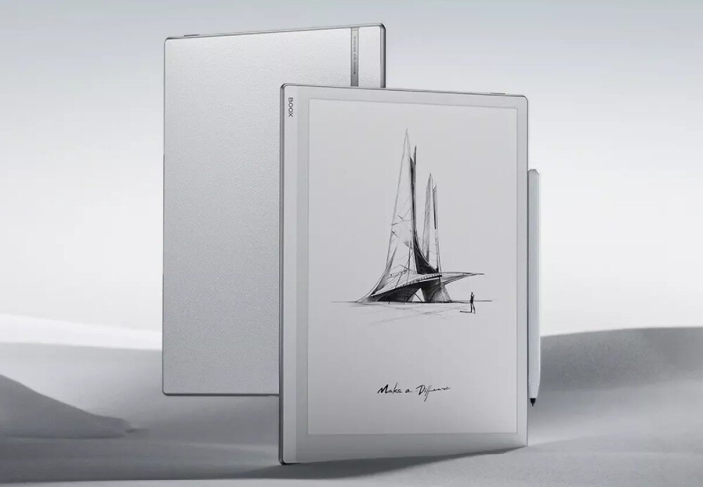 Czytnik e-booków ONYX BOOX Go Smukłe urządzenie, na którym widoczny jest rysunek architektoniczny oraz napis „Make a Difference”. W tle tył czytnika, opis