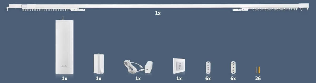 Karnisz elektryczny SOMFY 1246244, silnik, napęd, rts, akumulator, zestaw, na zdjęciu pełen zestaw karnisza elektrycznego