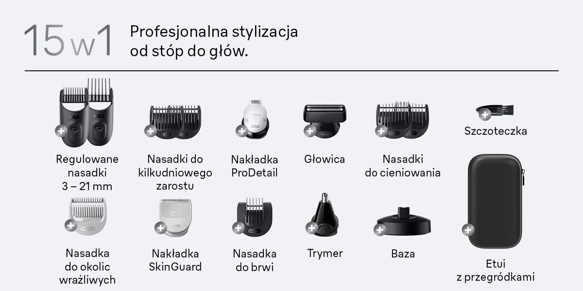 Trymer BRAUN Multigroom Seria 7 AIO7580 regulowana nasadki 3-21 mm nasadki do kilkudniowego zarostu nakładka prodetail głowica nasadki do cieniowania nasadka do okolic wrażliwych nakładka skinguard nasadka do brwi trymer baza etui szczoteczka