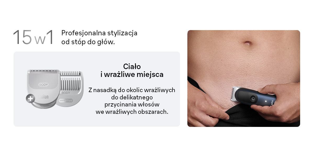 Trymer BRAUN Multigroom Seria 7 AIO7580 15w1 profesjonalna stylizacja od stóp do głów ciało i wrażliwe miejsca z nasadką do okolic wrażliwych do delikatnego przycinania włosów we wrażliwych obszarach