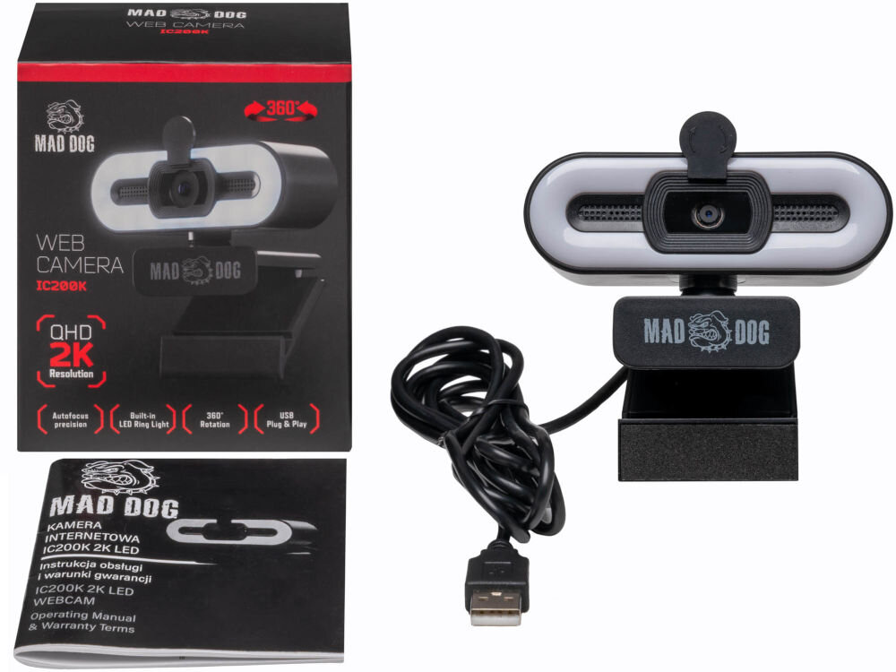 Kamera internetowa MAD DOG IC200K Zestaw kamery internetowej MAD DOG IC200K QHD 2K z wbudowaną lampą LED Ring Light. Kamera z Autofocusem i obrotem 360 stopni.