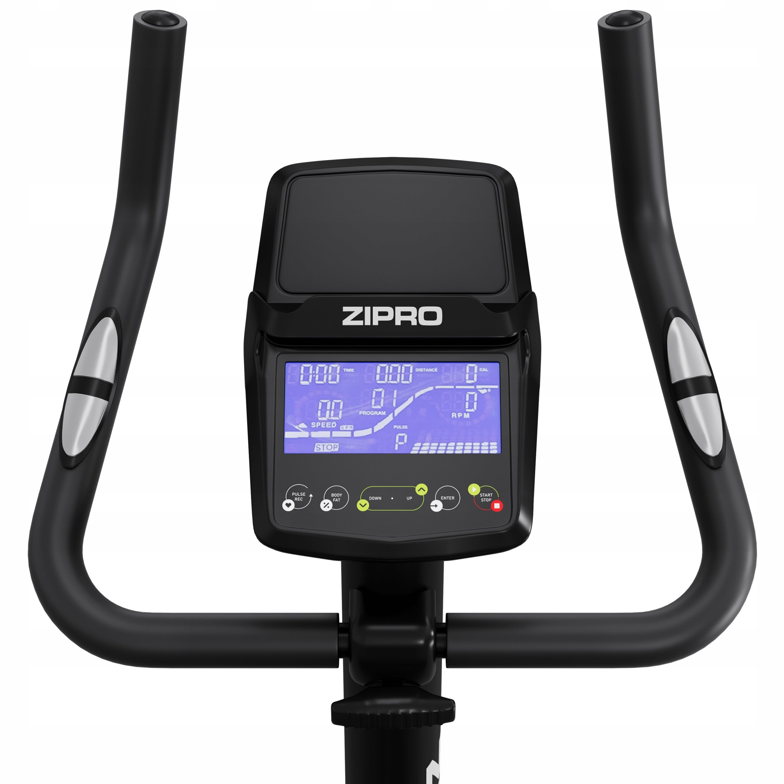 Konsola roweru stacjonarnego z wyświetlaczem LCD pokazującym parametry treningu, z logo ZIPRO nad ekranem. Kierownica ma wbudowane czujniki dotykowe.
