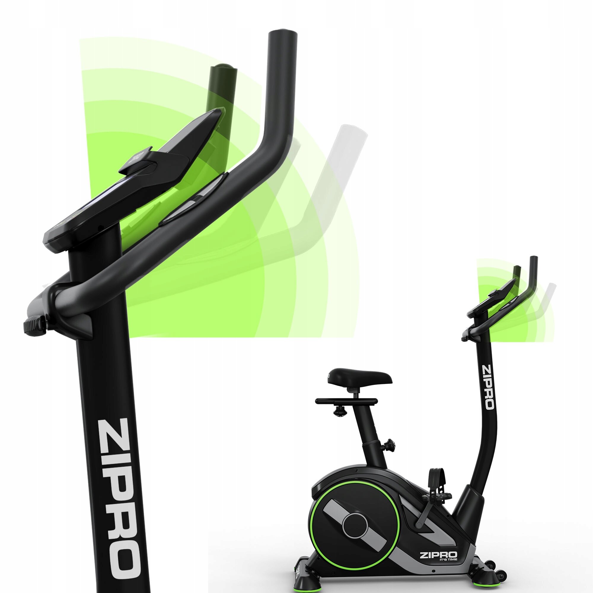 Rower stacjonarny treningowy z czarną ramą i zielonymi akcentami, z widocznym logo ZIPRO. Kierownica jest przedstawiona w różnych pozycjach, co sugeruje możliwość regulacji.