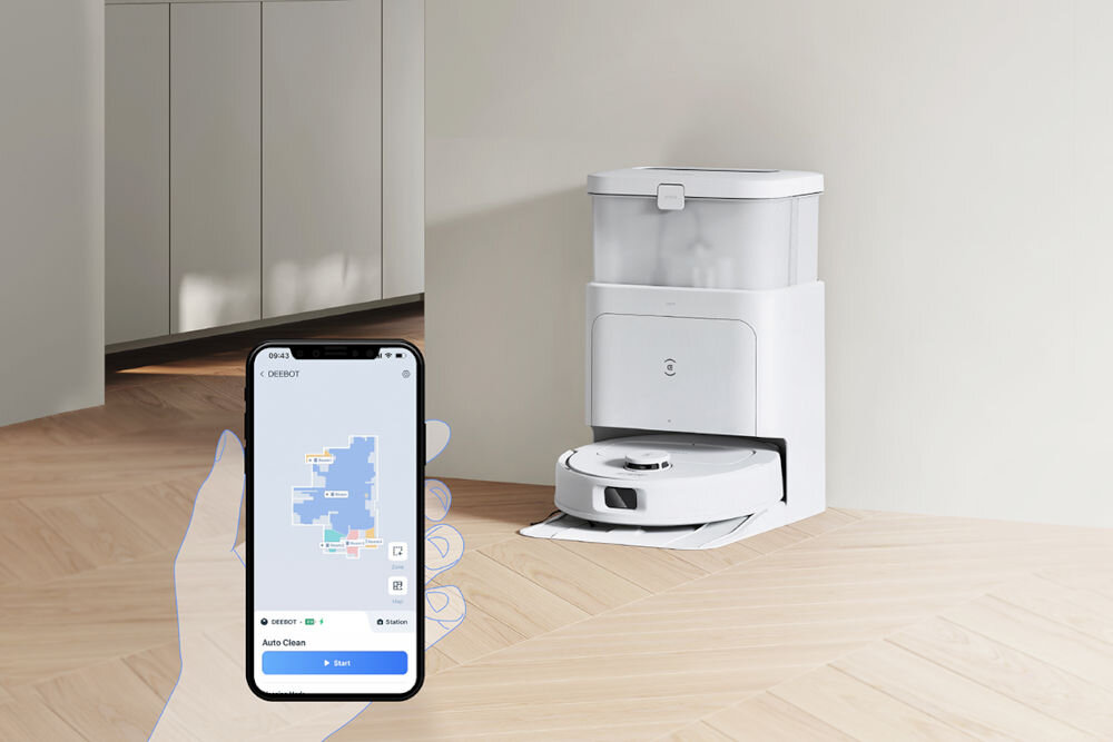 Robot sprzątający ECOVACS Deebot N30 Pro Omni Biały intuicyjna kontrola mobilna dostosowanie ustawień łatwa w obsłudze aplikacja ECOVACS HOME Android iOS zarządzanie mocą ssania przepływem wody trybem sprzątania harmonogramem zgodny z asystentem głosowym Alexa i Asystent Google